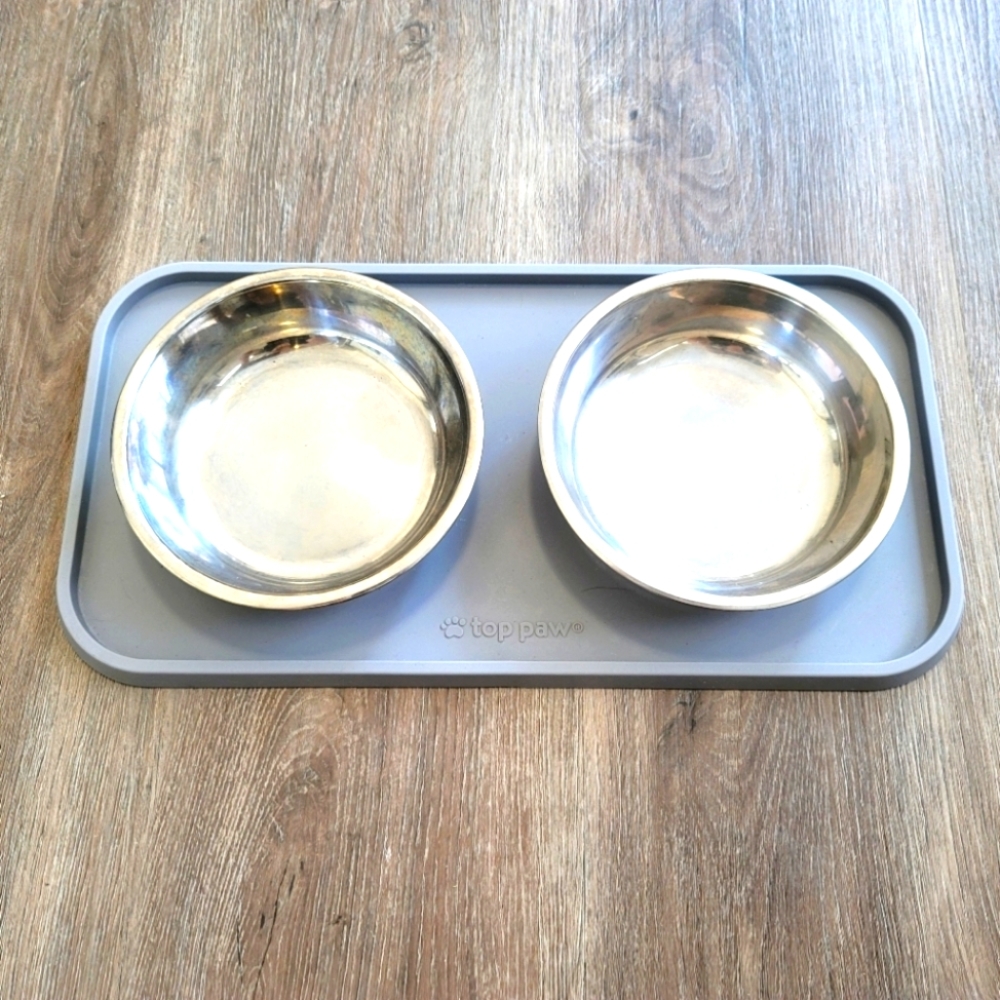 Double Cat/Dog Water/Food Bowls Detachable Blue Rubber Base W Steel Bowls